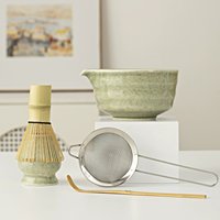 Ensemble de matcha japonais-Bol en céramique complet avec bec verseur et dessous de verre, fouet, cuillère, tamis et brosse pour une cérémonie authentique du thé