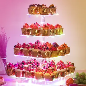 Cupcake Stand For Wedding VONVIK Wholesale 4 Tier Acrylic Cupcake Stand For Dessert LED Light Cake Display Stand Birthday Wedding