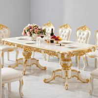 Ensemble de table et chaises de salle à manger en bois massif sculpté de style français antique, 8 places, finition blanc et or, meubles durables pour la maison