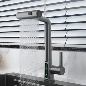 Keran wastafel tampilan Digital, keran air terjun komersial dengan keran wastafel dapur air terjun dengan nob