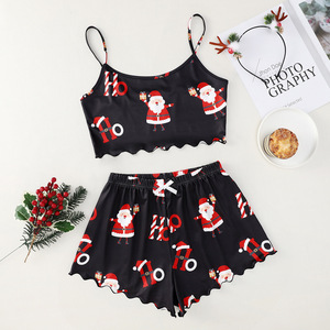 Conjunto Feminino de Natal de Homewear: Shorts, Pijama para Dormir, Bralette de Malha Sem Mangas, Conjunto de Duas Peças para Meninas - Product Image 3