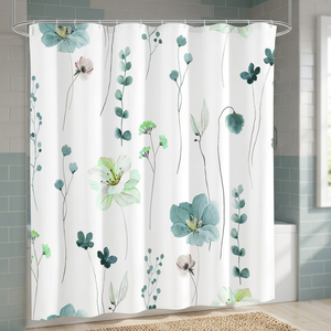 Rideau de douche en polyester imperméable à imprimé floral, blanc avec fleurs bleues et vertes, décoration carrée pour la salle de bain à la maison - Product Image 1