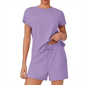 Women's 2 Piece Solid Purple Shorts <b>Set</b> Casual O-Neck Short Sleeve Knitted Cotton Loose Fit Daily Wear Summer Outfit <b>Sets</b> Women - Product Image 4