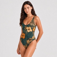 Traje de Baño de Una Pieza con Estampado Floral Tropical Verde, Marca Privada, Sin Aros, con Relleno Extraíble, Espalda Descubierta, Corte Alto, Venta al Por Mayor, MOQ Bajo, Directo de Fábrica