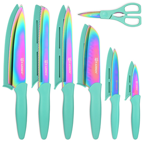 <span class=keywords><strong>Set</strong></span> di <span class=keywords><strong>coltelli</strong></span> in acciaio inossidabile con rivestimento in <span class=keywords><strong>titanio</strong></span> da 13 pezzi, antiruggine e lavabile in lavastoviglie, 6 <span class=keywords><strong>coltelli</strong></span>, 6 coperture per lame e una cesoia - Product Image 1