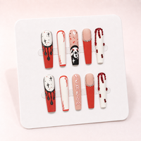 Faux ongles à presser Halloween faits main, longs, forme cercueil, motif goutte de sang, style masque d'horreur, en acrylique avec strass, 10 pièces