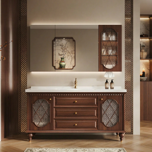 Mueble de baño retro de madera maciza, gabinete con espejo integrado y almacenamiento, encimera de mármol. - Product Image 1