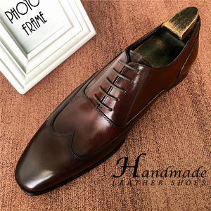 Chaussures en cuir haut de gamme faites à la main pour hommes, en cuir véritable importé de vache, style Oxford anglais à bout carré, chaussures habillées. - Product Image 1