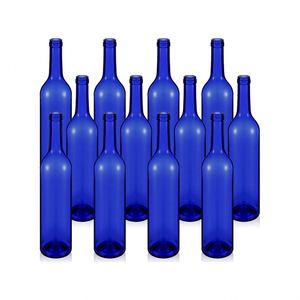 750ml Glass Bordeaux <b>Wine</b> Bottle Flat-Bottomed Cork Finish - Case of 12 - Cobalt Blue - Product Image 1