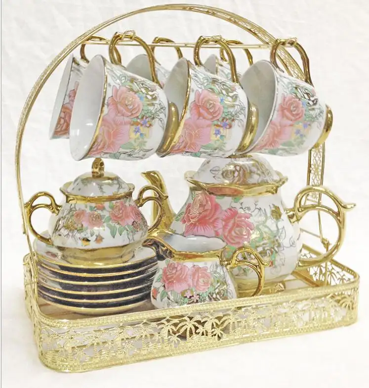 15pcs/set Delicate Bone china Coffee Cup Set European Vintage Tea Cup Tea Kettle Saucer Set