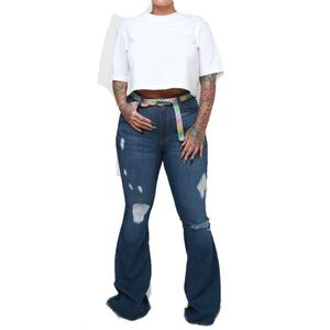 กางเกงยีนส์แฟชั่นเอวสูงทรงขาบานห้ากระเป๋าแบบขาดๆ สำหรับผู้หญิงไซส์พลัส - Product Image 4