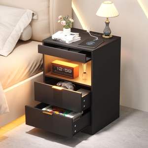 Yusong Night Stand Modern Wood <b>LED</b> Lighting <b>Bedside</b> <b>Table</b> with Charging Station 13.8D x 15.8W x 23.6H Inches - Product Image 3