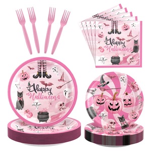 DAMAI 128 Pcs Halloween Plates Napkins Cups Set Pink Spooky Disposable Tableware for Horror Theme Birthday Party Decorations - Product Image 5