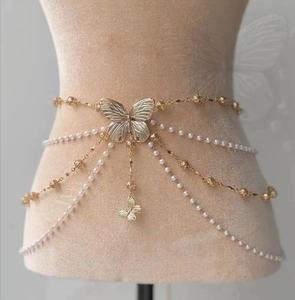 Chaîne de taille papillon multicouche en strass, chaîne de corps en alliage, ceinture à pampilles perlées pour soirée et danse - Product Image 6