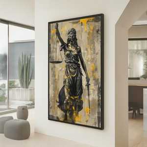 Tableau mural sur toile Dame Justice, impression moderne d'illustration juridique, statue d'une <span class=keywords><strong>femme</strong></span> de justice voilée avec épée <span class=keywords><strong>et</strong></span> balance, décor avec accents dorés, cadre en bois, décoration intérieure - Product Image 1