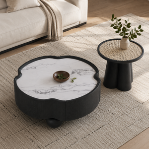 Ensemble <span class=keywords><strong>de</strong></span> tables basses modernes irrégulières avec plateau <span class=keywords><strong>en</strong></span> marbre blanc et <span class=keywords><strong>table</strong></span> d'appoint <span class=keywords><strong>en</strong></span> <span class=keywords><strong>rotin</strong></span> pour salon - Product Image 4