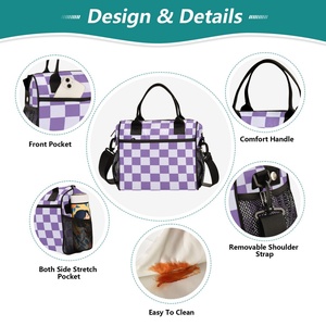 Sac isotherme personnalisé en aluminium à motif à carreaux violets, avec logo, bandoulière, pour le déjeuner, réutilisable, à porter à l'épaule ou à la main - Product Image 3
