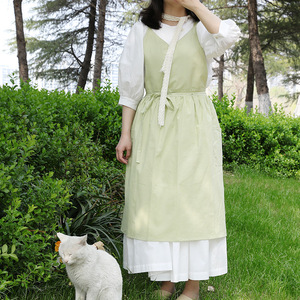 A-line Apron V-neck Sleeveless Cotton Solid Color Adult Apron For Cooking Daily Use Green Lake Blue Light Green - Product Image 4
