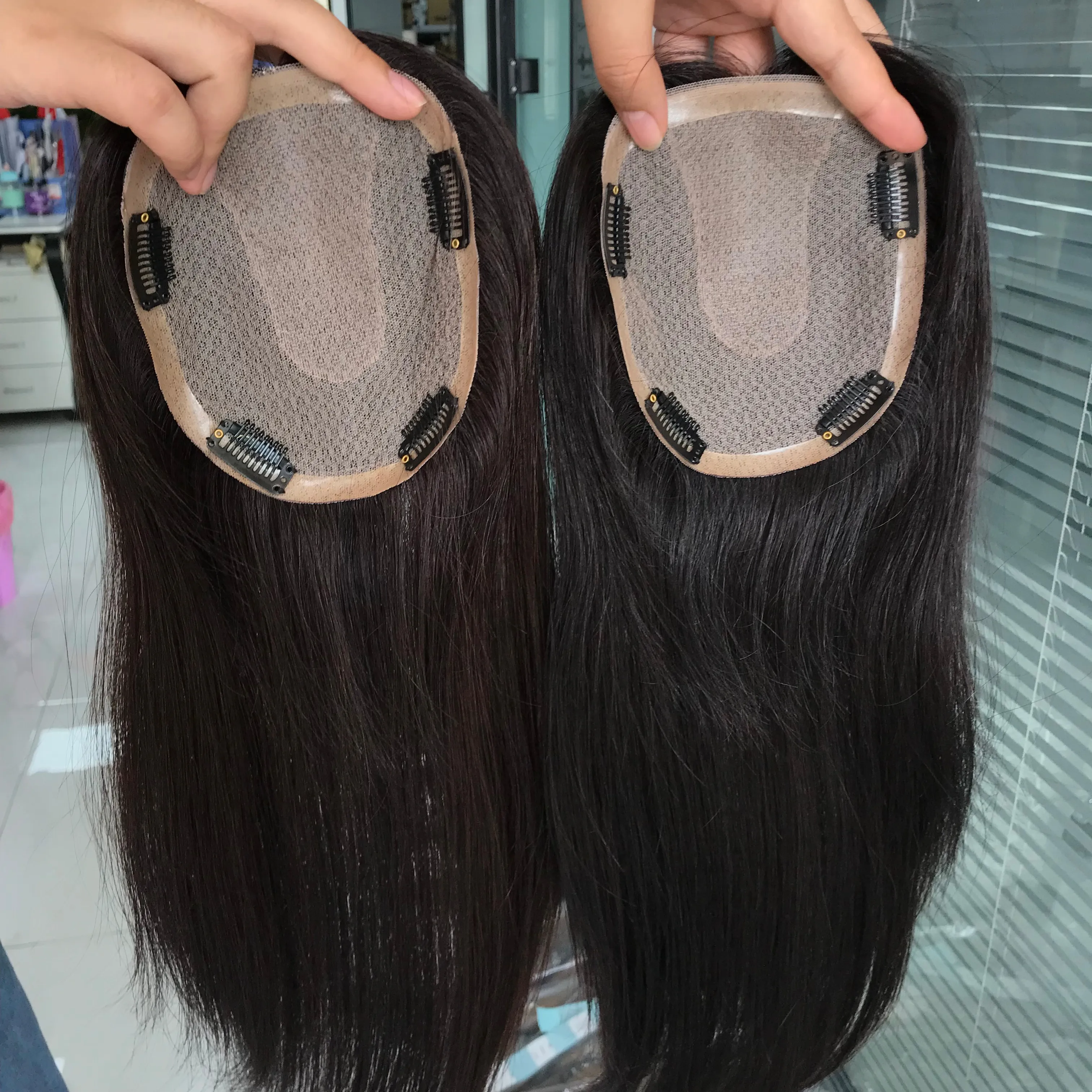 Capelli capelli capelli Remy pezzo di parrucchino umano fornitore Base gioielli Toppers vendita calda naturale vera vergine di seta brasiliana per le donne