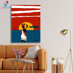 UNIART familia africana que lleva agua al atardecer arte de pared estilo africano ilustraciones con marco lienzo impresión arte de pared para decoración del hogar - Product Image 3