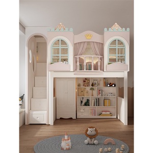 <span class=keywords><strong>Lit</strong></span> mezzanine en bois massif de style princesse JS Luxury pour chambre de filles avec escalier de rangement et bibliothèque - Product Image 1