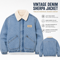 Veste en jean délavé personnalisé pour homme avec col en sherpa, doublure polaire chaude, coupe ample vintage, style camionneur avec patch
