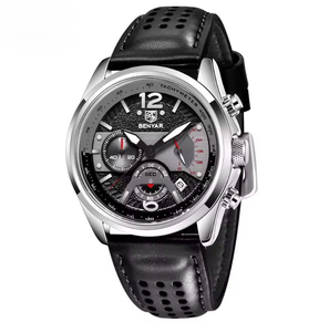 Reloj Deportivo Casual para Hombre, Cronógrafo, Oro Rosa, Bisel con Tacómetro, Correa de Cuero, Resistente al Agua, Luminoso, Cuarzo, con Calendario - Product Image 4
