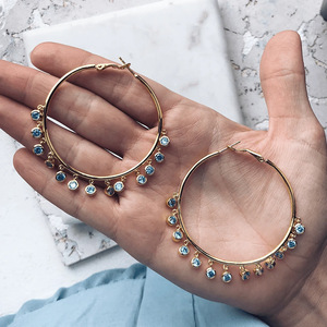Boho Large Hoop Earrings for Women Aquamarine Blue Crystal Accent Fashion Daily Party Accessories - Product Image 2