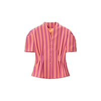 Chemisier rayé à manches bouffantes, ensemble deux pièces avec pantalon rayé à taille élastique, vêtements décontractés pour femmes, vente en gros