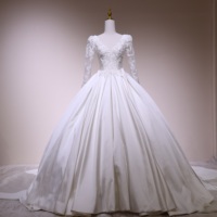Gaun Pengantin Lengan Panjang Berbahan Satin Model Korset dengan Renda, Gaun Pengantin Mewah Ukuran Besar Model Ball Gown 2521