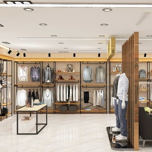 Présentoir de vêtements Vintage en bois massif centre commercial métallique haut de gamme étagères pour hommes vitrine conception suspendue au sol - Product Image 3