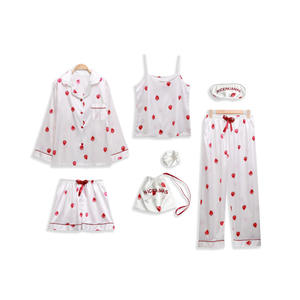 <span class=keywords><strong>Ensemble</strong></span> de pyjama sept pièces en soie simulée à rayures roses pour femmes pour été printemps doux mignon Costume de maison à manches longues par Fury Set - Product Image 5