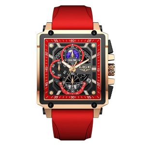 Reloj de Cuarzo de Lujo para Hombre LIGE LG8986, Esfera Cuadrada Roja, Gran Esfera, Resistente al Agua, Cronógrafo Luminoso, Correa de Silicona Deportiva de 22 mm, Analógico - Product Image 2