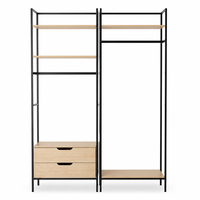 Porte-vêtements ouvert en métal et bois sur pied avec étagères en bois, 2 tiroirs et tringle de suspension, organisateur de rangement pour vêtements, armoire de rangement