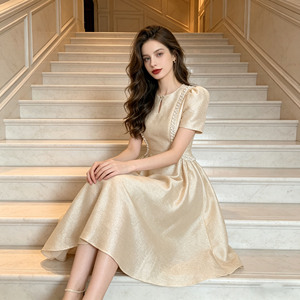 Robes mi-longues élégantes et luxueuses en tweed champagne, inspirées des créateurs, à manches courtes, pour femmes, pour les occasions formelles, les cocktails et les soirées. - Product Image 3