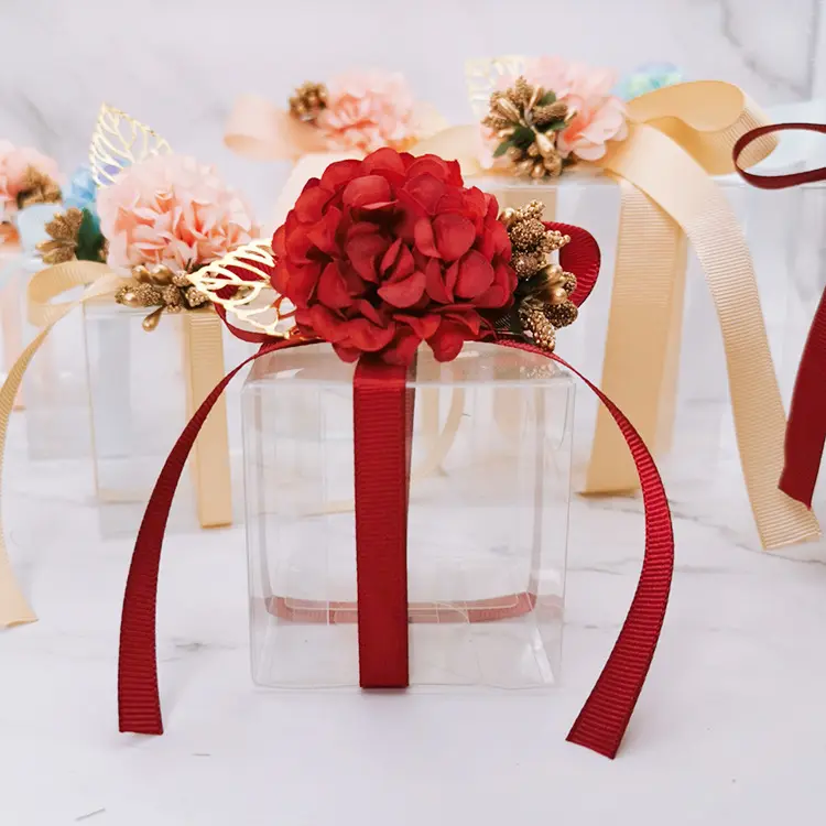 Hot Sell Candy Boxes PVC Transparent Wedding Favors and Gifts Box Square Flower Ribbon Romantic Packaging Box Party Gift Bag