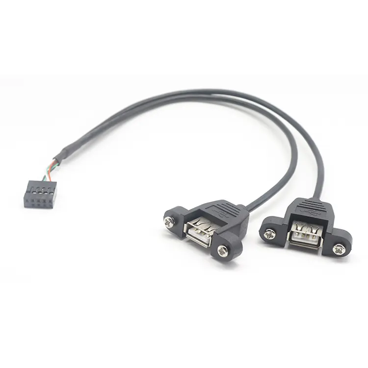 2*5 10 Pin Dupont 2.0 Terminal Male to Dual USB A Female Y Splitter Cable with Screw Locking USB Fixed Baffle Cable