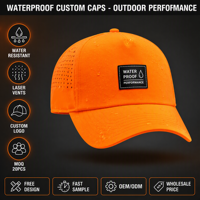 Casquette de baseball imperméable en sergé 100 % polyester avec logo personnalisé, ajustable, 6 panneaux, trous de ventilation laser, unisexe, OEM, vente en gros, MOQ