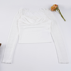 Top court à manches longues blanc pour femmes, col carré, buste plissé, coupe ajustée, sexy, en dentelle florale transparente, pour les soirées et les clubs, vente en gros - Product Image 5