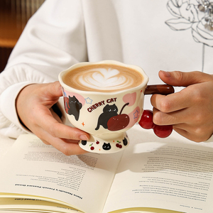 Adorable Taza de Cerámica Resistente con Estampado de Gatitos y Cerezas, Taza Reutilizable de Porcelana para Beber, Ideal para el Hogar, Hotel, Oficina, Regalo - Product Image 2