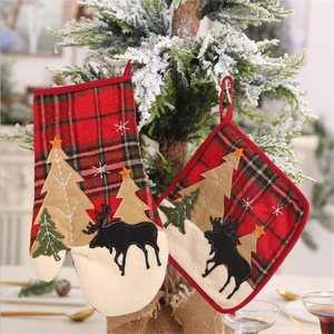 Decoraciones navideñas, apliques de tela a cuadros, guantes resistentes al calor, almohadillas para microondas, manteles individuales resistentes al calor, hogar - Product Image 3