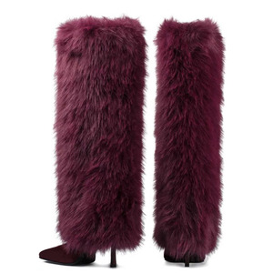 Bottes hautes en fourrure pelucheuse pour femmes, taille 45, à talons hauts, bout carré, fourrées, pour l'hiver, coupe large - Product Image 3