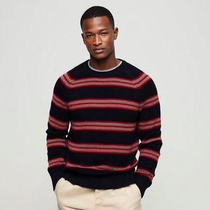 Men's Multi-<strong>Stripe</strong> Raglan Sleeve Sweater Wool Blend Long Sleeve Crew Neck Pullover <strong>Jumper</strong> <strong>Black</strong> <strong>and</strong> <strong>Red</strong> - Product Image 1