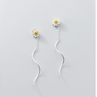 925 Sterling Silber Weiß Gänseblümchen Blumen form Dangle Drop Ohrringe Langkettige Ohr Threader Ohrringe Modeschmuck für Frauen