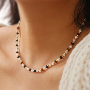 Kalung Choker baja tahan karat trendi perhiasan kalung manik-manik batu mata harimau alami manik-manik kristal hitam putih untuk wanita - Product Image 2