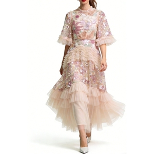 Robe longue de soirée féerique pour femme, ornée de sequins et de fleurs, avec volants en tulle superposés, tendance - Product Image 1