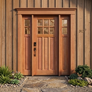 Une porte moderne et minimaliste en bois massif, ornée de motifs géométriques verticaux saisissants et équipée d'une serrure intelligente. - Product Image 2