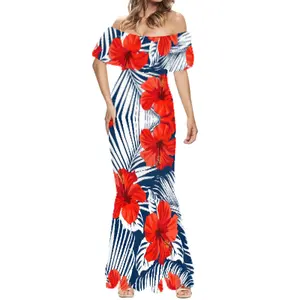 Pacific Island Red Flower Print Ladies Bodycon Custom Prom Dresses 2023 Sexy Party Dresses Women Long Wedding Off Shoulder Dress
