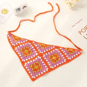 Pañuelo Triangular de ganchillo para niña, Bandana de fábrica tejida a mano con patrón cuadrado, estilo bohemio, para el cabello