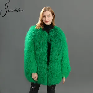 Wholesale New Fashion Design Winter Jacket Green Real Mongolian Lamb Fur Coat Women